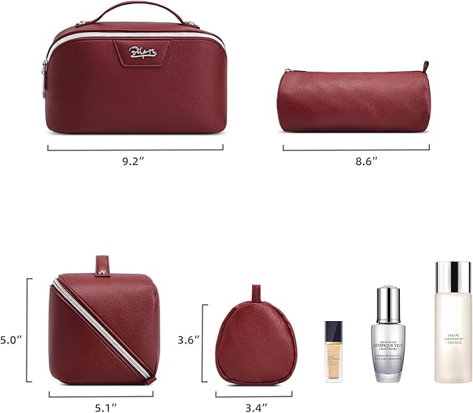 BOYATU Travel Makeup Bag Cosmetic Bags for Women: Large Capacity 3 Pcs Set Make up Bag with Compartments - Waterproof Vegan Leather Toiletry Organizer Bags with Handle (N-70Red)