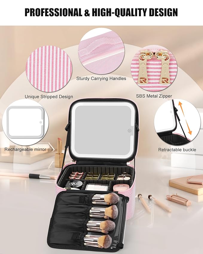 Relavel Travel Makeup Bag With LED Mirror, Portable Cosmetic Bag Organizer with Adjustable Brightness in 3 Color Scenarios, Small Cute Train Case with Detachable Dividers for Trip- Pink Strip