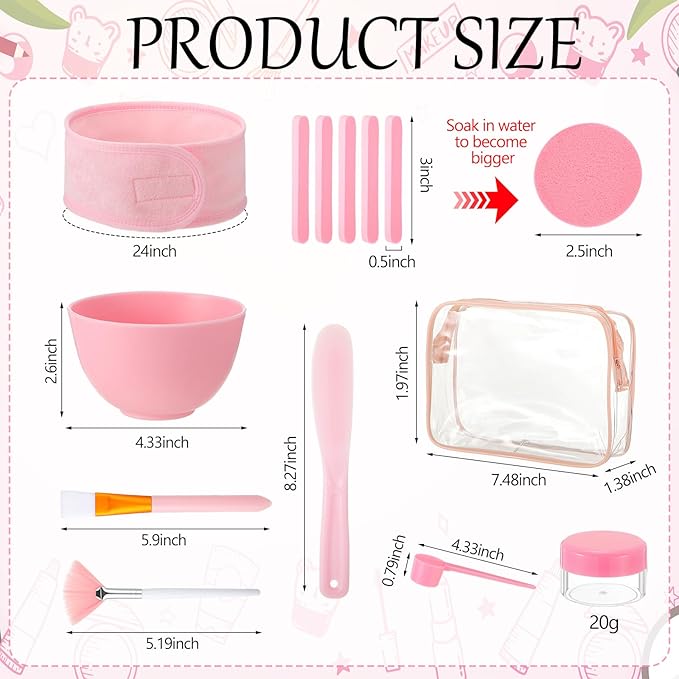 LemonRoad 34 Pcs Esthetician Facial Supplies Include Facial Bowls Brushes Jars Measuring Spoons Hairbands Esthetician Essentials Valentines Gift Set For Women(Pink)