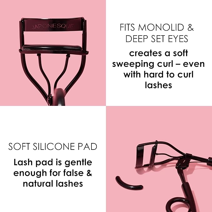 JAPONESQUE Pro Performance Lash Curler with Natural Arch for Sweeping Volume on Natural or False Lashes, Holds Curl for up to 8 Hours, Includes 1 Refill Pad