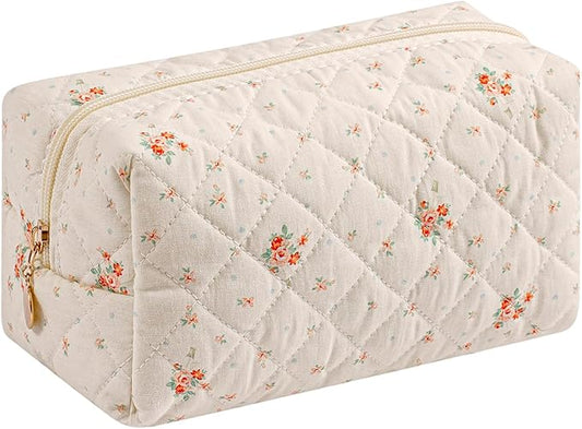 Makeup Bag Travel Cosmetic Bag for Women Girls, Zipper Make Up Pouch, Floral Flowers Toiletry Organizer Makeup, Portable Storage Bag, Cosmetic Travel Cloth Bag (White Small Flower)