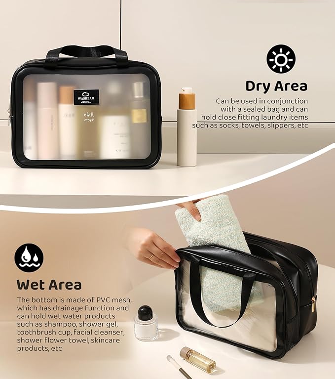 Large Travel Toiletry Bag with Dry Wet Separation–Waterproof Wash Bag for Man and Women, Clear & Matte shower bag for Gym, Overnight, Swimming, and Business Trips (Black)