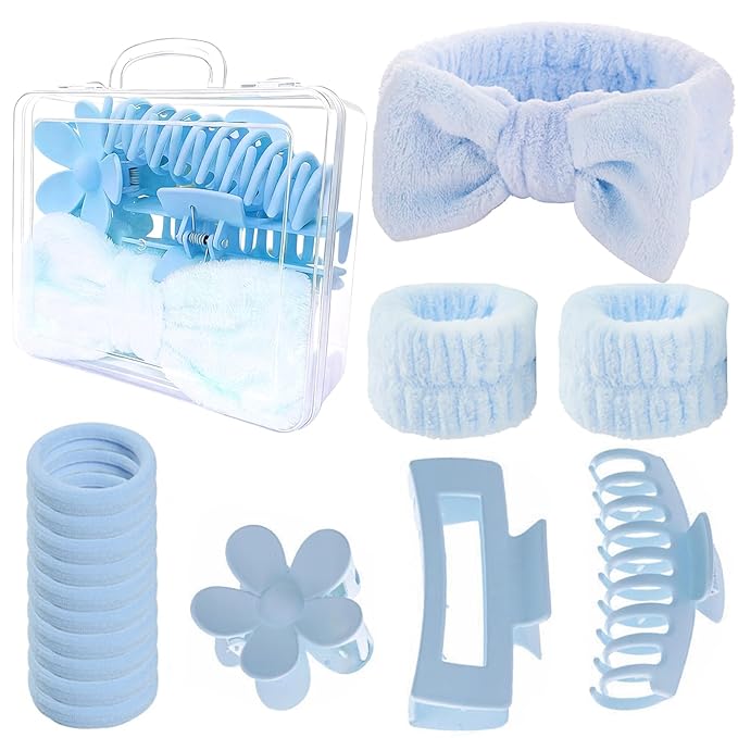 16 Pcs Skincare Headband Set, Face Washing Headband with Wristbands, Hair Claw Clips & Hair Ties, Spa Headbands for Women Girls, Perfect for Facial, Makeup, Shower, Gift Ready Box