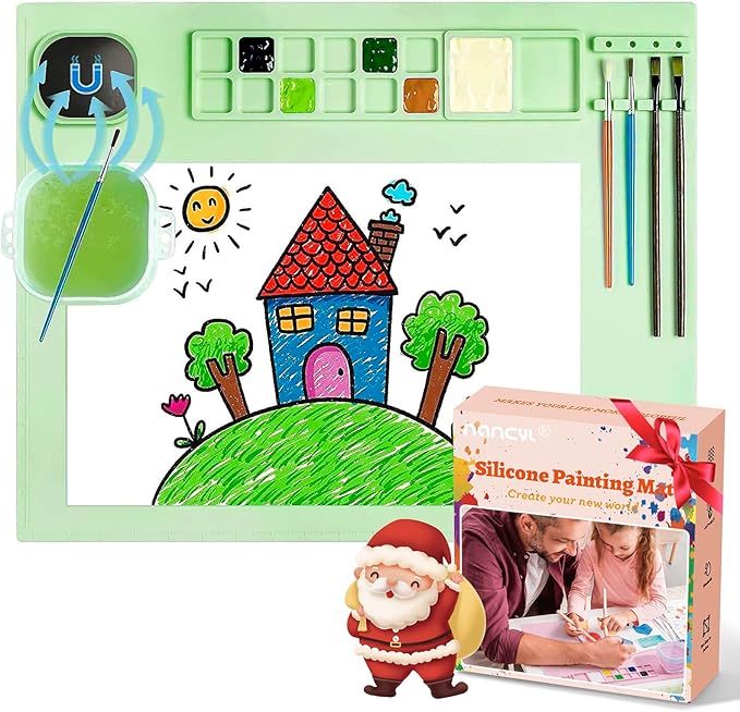 Silicone Painting Mat, Silicone Art Mat with Cup, Silicone Craft Mat with Paint Brush Cleaner Tool, Silicone Artist Mat for Kids Gift Painting Clay DIY Creations, Gift Packaged