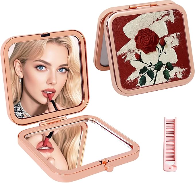 Double Sided Compact Makeup Mirror with Comb - Rose Gold Portable Folding Travel Mirror, 1X/2X Magnifying Pocket Mirror for Purse, On-The-Go Mirror for Daily Makeup & Travel Essentials