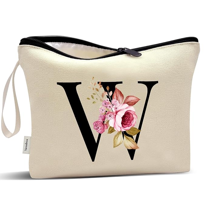 Vavabox A-Z Personalized Makeup Bag, Birthday Gifts for Women Mom, Gifts for Best Friend, Bride Bridesmaid Cosmetic bag (W, Yellow)