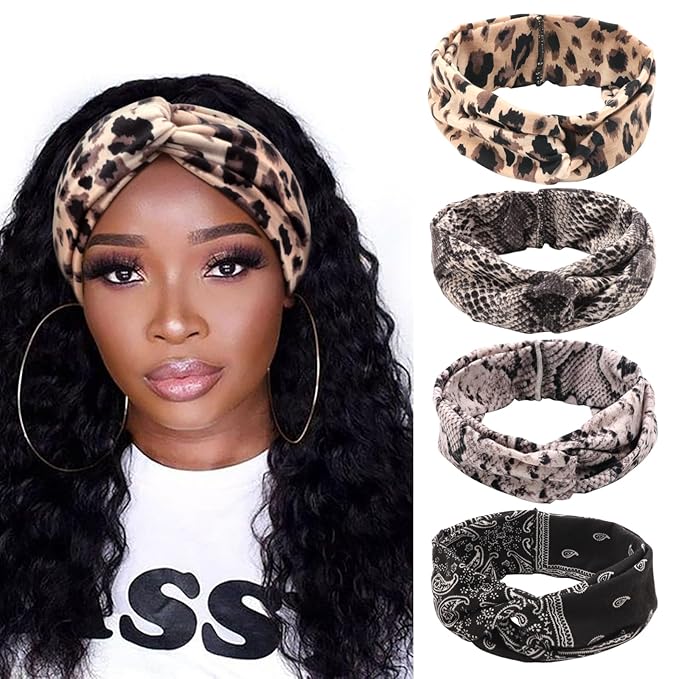 DRESHOW 4 Pack Boho Cotton Non-Slip Headbands for Women Girls Yoga Workout Running Knotted Turban Floral Elastic Head Wrap