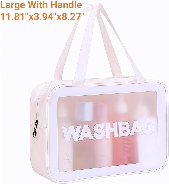 Waterproof Clear Frosted Travel Toiletry Bag For Men & Women: 3-Size Handle Cosmetic Case + 4 Pre-Labeled 2Oz Bottles & Sticker. Large Washbag Organizer. (Pristine White)