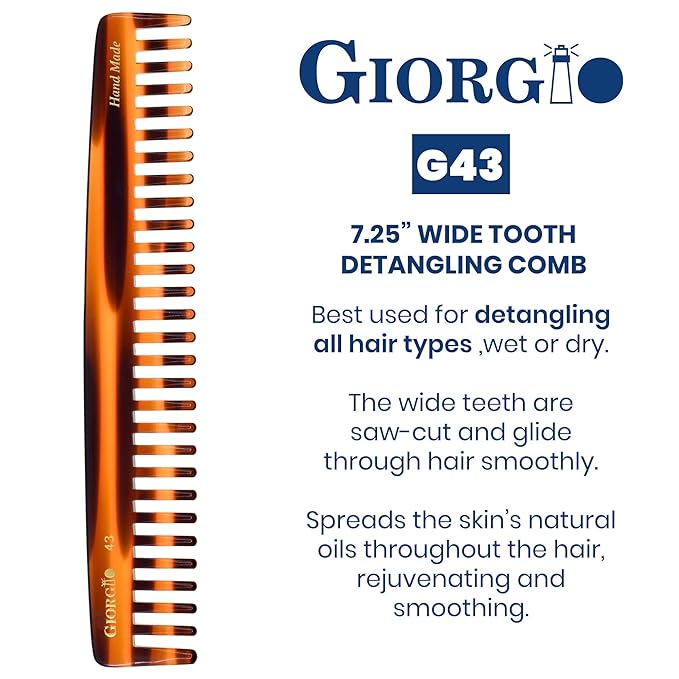 o G43 Large Hair Detangling Comb, Wide Teeth for Thick Curly Wavy Hair. Long Hairs Detangler Comb For Wet and Dry. Handmade large tooth comb, Saw-Cut, Hand Polished, Tortoise Shell (7.25")