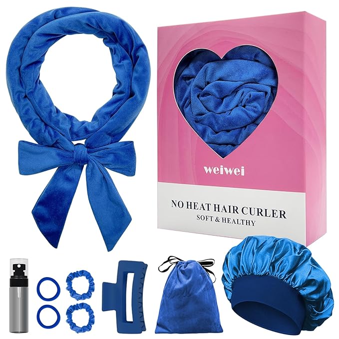 weiwei No Heat Curlers, Overnight Curls No Heat Curling Headband Soft Hair Curler Rollers to Sleep In, 70 Inches Non Heat Hair Wrap Curling Rod Ribbon for Women Long Wave Hair, 9 PCS Gift Set (Blue)