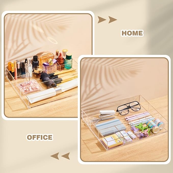 Large Acrylic Desk Deep Drawer Organizer with Adjustable Dividers, Anti-Skip Clear Desk Top Organizer Tray for Pens, Desktop, Office, Bathroom, Kitchen, Makeup Supplies(6 Compartments)