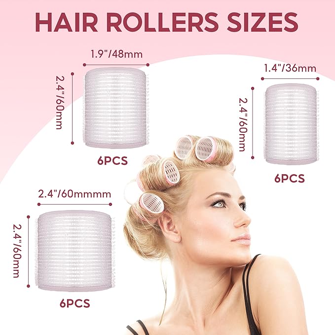 HYOUJIN 18pc Self-Grip Ceramic Ionic Thermal Hair Rollers,Hair Rollers for Salon Quality Hair Blowout Look for Long or Short Hair,Roller Set Perfect for Sleeping In(White)(60mm,48mm,36mm)