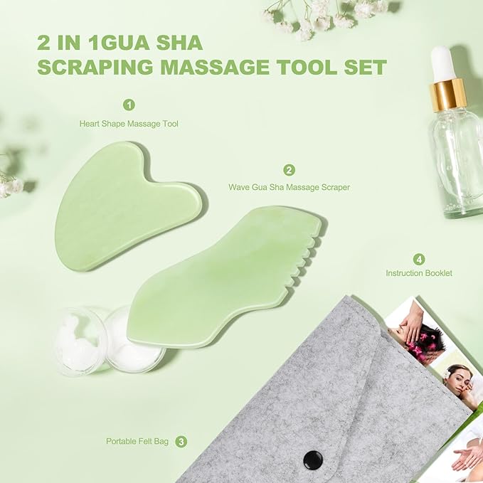 2PCS Jade Stone Gua Sha Set Face Massager Jade Facial Tools Body Lymphatic Drainage Massager, Guasha Face Sculpting Tool Skin Care Valentine's Day Gifts for Women Gua Sha Sculpting for Tighten Skin
