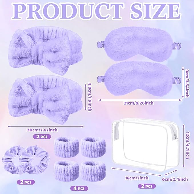 Hoteam 10 Pcs Galentine Spa Party Supplies Valentine Gift Set Sleepover Party Favor Spa Headband Wristband Sleep Eye Mask Velvet Scrunchies for Skin Care Makeup Slumber Night Favor(Light Purple)