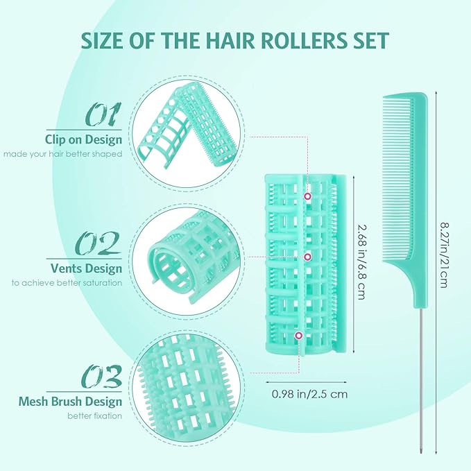 Syhood 12 Pcs Plastic Hair Rollers for Women Large Size Curlers Set Snap Roller Clips with Rat Tail Comb for Long Medium Short Hair Bangs, Salon Hairdressing Styling Tool(2.6 x 0.9 Inch,Light Green)