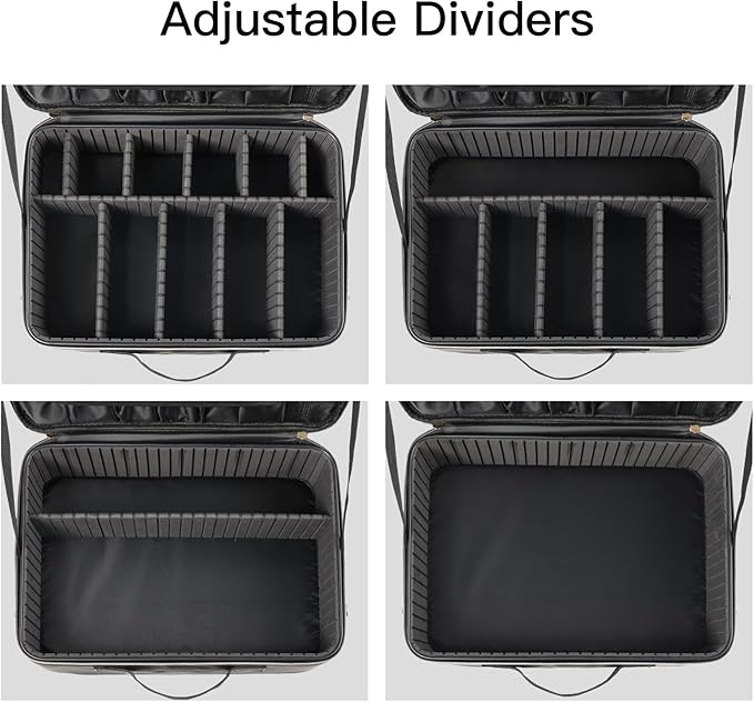 Makeup Travel Case, 16 Inch Makeup Artist Bag with Compartment and Dividers, Portable Cosmetic Bag for Women with Brush Storage Sturdy Dual Zip Closure, Waterproof, Durable, Gift for Her, Black