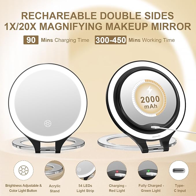 Mocado Travel Makeup Mirror with Light, 1X/20X Magnifying, Double Sided, 3 Color Light, Dimmable Touch, Rechargeable, Tabletop Standing, Black, Modern Style