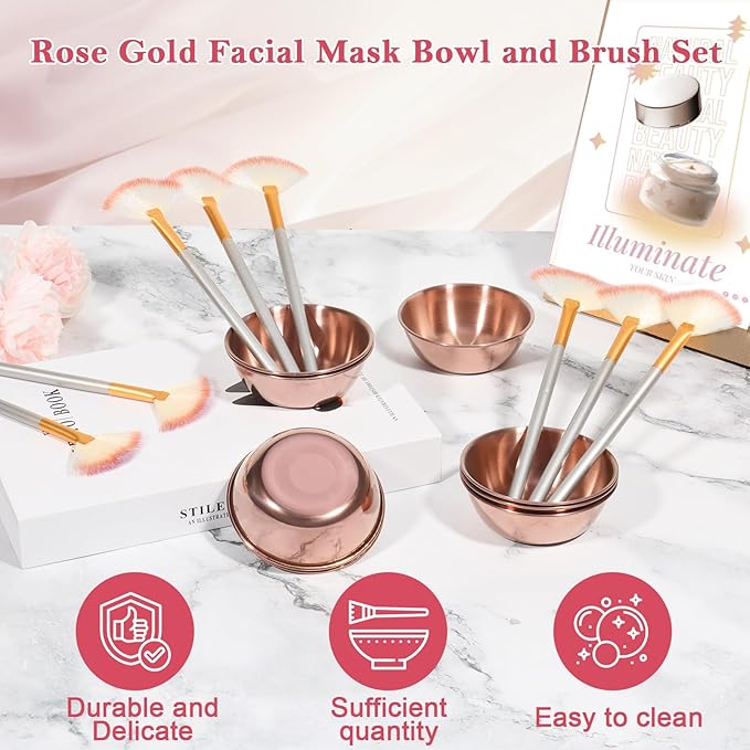 16 Pcs Rose Gold Esthetician Supplies 8 Facial Fan Brushes Esthetician 8 Rose Gold Stainless Steel Mixing Bowls Face Mask Brush Facial Bowls Esthetician for Mud Cream Makeup Spa Salon Women