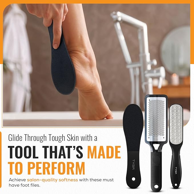 TYGA Foot Rasp Filer, Double Sided File & Scrubber Set - Callus Remover for Dead Skin Removal, Cracked Hard Skin, Coarse, Fine Scraper, Wet, Dry Spa Care, Surgical Stainless Steel, Nickel (3 Pack)