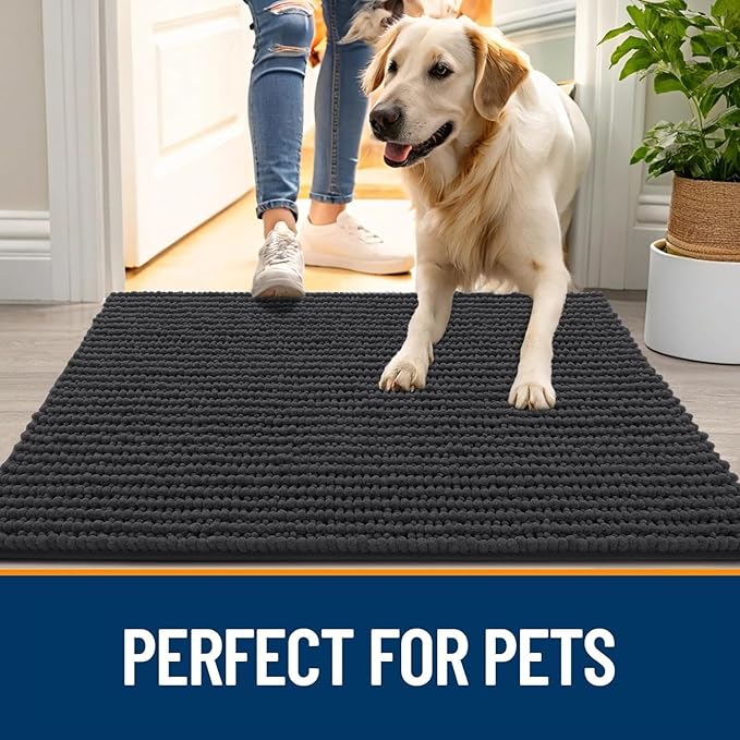 OLANLY Dog Door Mat for Muddy Paws 44x24, Ultra Absorbent Chenille Mud Doormat, Non-Slip Washable and Dirt Trapping Doormat for Indoor Entryway, Quick-Dry Indoor Pet Bed Mats for Dogs, Dark Grey