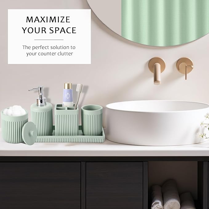 XLHOMO 8-Piece Light Green Bathroom Set - Resin Bathroom Accessories Sets Complete with Shower Curtain and Rugs, Soap Dispenser, Toothbrush Holder, Tumbler & Vanity Organizer