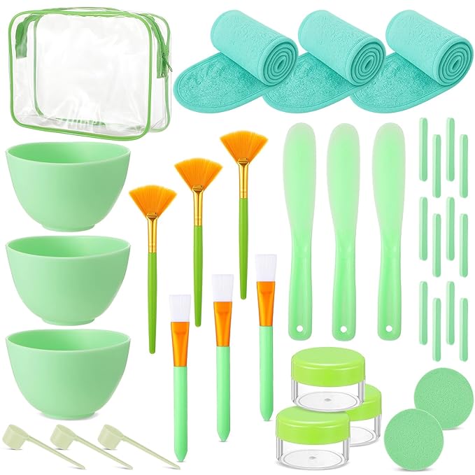 LemonRoad 34 Pcs Esthetician Facial Supplies Include Facial Bowls Brushes Jars Measuring Spoons Hairbands Esthetician Essentials Valentines Gift Set For Women(Green)