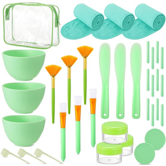 LemonRoad 34 Pcs Esthetician Facial Supplies Include Facial Bowls Brushes Jars Measuring Spoons Hairbands Esthetician Essentials Valentines Gift Set For Women(Green)