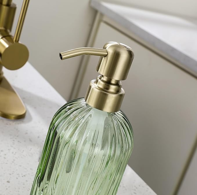 16Oz Green Glass Soap Dispenser with Rust Proof Stainless Steel Pump, Green Stripe Bathroom Hand Dish Lotion Dispensers with Brushed Gold Pump,Brushed Gold Glass Soap Dispenser
