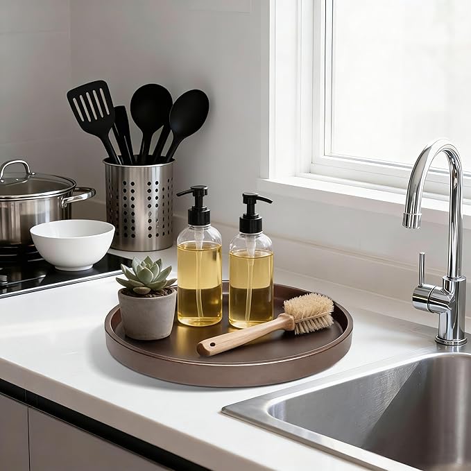 1 Pack 10" Bathroom and Vanity Tray, ABS Bathroom Counter Organizer， Coffee Table Decor for Perfume, Candles, Keys &More. Kitchen Countertop Organizer, Decorative Tray Soap Holder, Brown