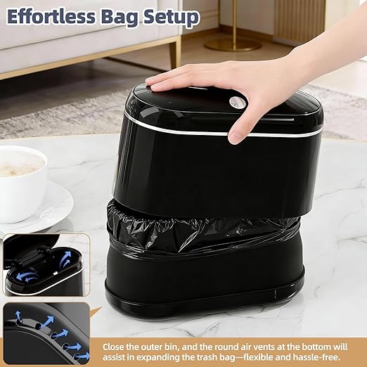 Mini Trash Can for Desk with 5 Rolls of Trash Bags, Small Press-Top Countertop Garbage Bin, Removable Waste Basket for Bedroom, Vanity, Coffee Table, Kitchen (Black Full-Lid)