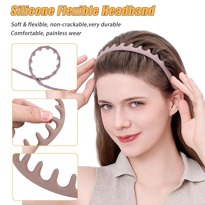 Silicone Headbands for Women Non Slip Comb Headband with Teeth Non-Crackable Hair bands for Women's Hair Fashion Accessories (Neutral 2PC, 1 Count (Pack of 2))