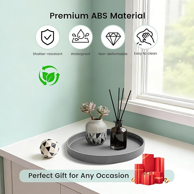 1 Pack 9" Bathroom and Vanity Tray, ABS Bathroom Counter Organizer， Coffee Table Decor for Perfume, Candles, Keys &More. Kitchen Countertop Organizer, Decorative Tray Soap Holder, Grey