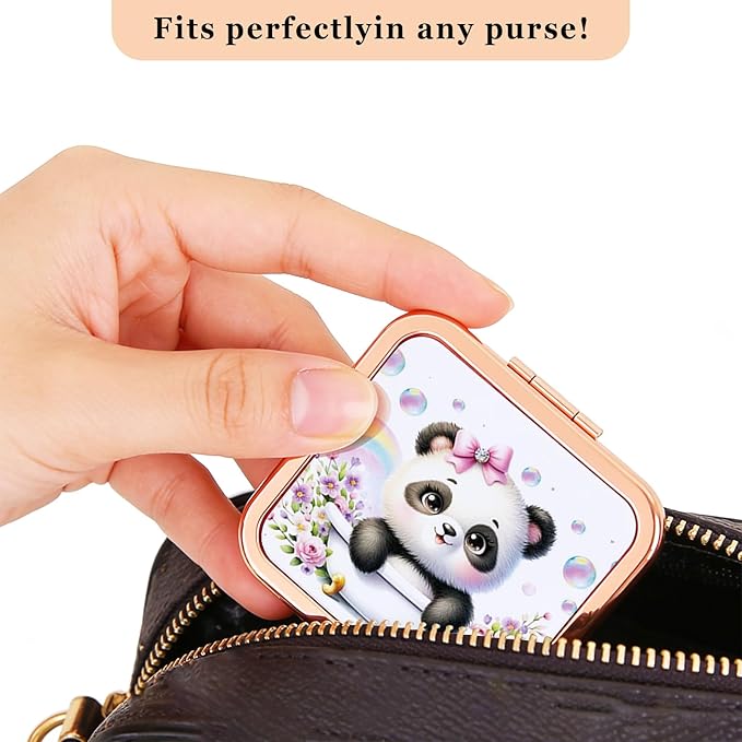 Cute Panda Travel Mirror with Comb, Double-Sided Mini Compact Makeup Mirror with 1x/2x Magnification, Rose Gold Portable Folding Mirror for Purse, Pocket & On-The-Go