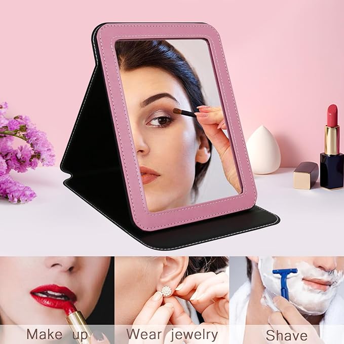 Travel Mirror for Desk, 6.5×8.9” Adjustable Rectangle PU Edge Covering Pink Foldable Desk Mirror with Stand for Travel Camping Home (Pink)