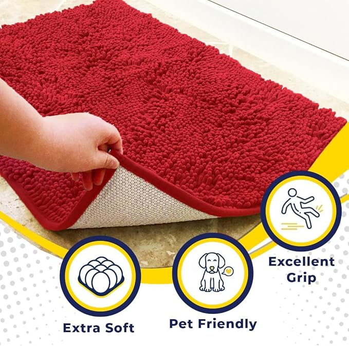 Muddy Mat® | Super Absorbent Door Mat Indoor, Microfiber Quick Dry Chenille Entryway Rug, Non-Slip Front Door Mat, Indoor Mats for Entryway, Machine Washable Pet Rug, Red 59"x35"
