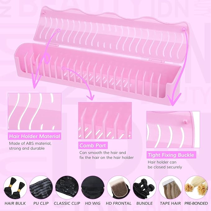 IDN BEAUTY Hair Extension Holder Stand for Styling, 4 Installation Modes With Tool, Hair Extension Holder Designed to Securely Hold Your Extensions for Washing, Styling, Packing and Storing (rose)