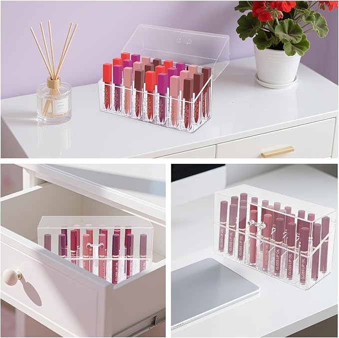 Wiojtry Acrylic Lipgloss Lip Gloss Holder & Rollerball Perfume Organizer for Compact Essential Oil Rollerball Perfume Holder, Makeup Brush, 18 Slots Tubular Storage Display Cabinet With Cover