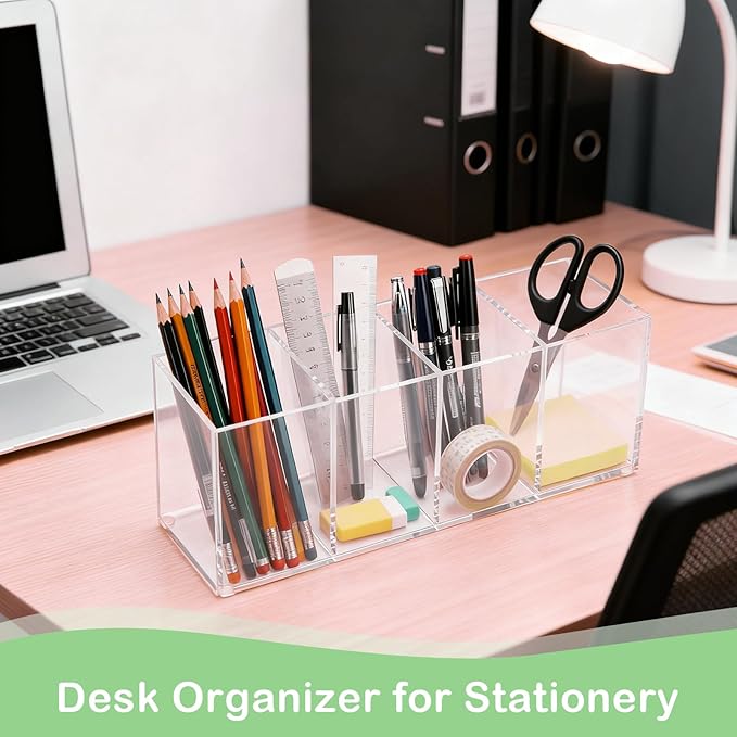 Clear Acrylic 4-Compartment Organizer Box, Small (7.9" × 2.7" × 3.5") – Handcrafted, Eco-Friendly, Minimal Packaging Compact Storage Organizer