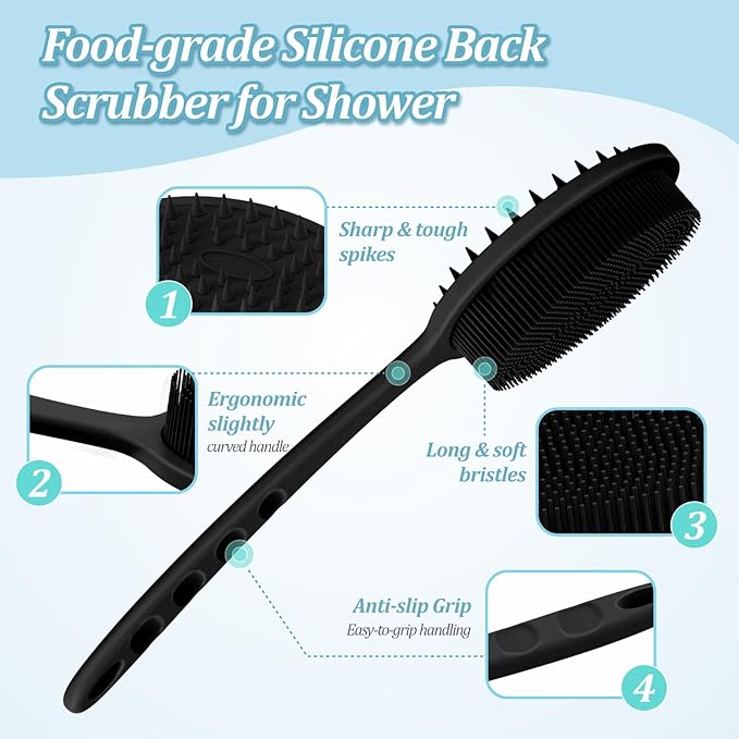 Silicone Back & Body Scrubber Set 2PCS, 13.4'' Gentle Exfoliating Back Scrubber with Dual-Side Head and Non-Slip Handle, Hygienic Silicone Loofah with Soft Bristles and Massage Dots(Black-2PC)