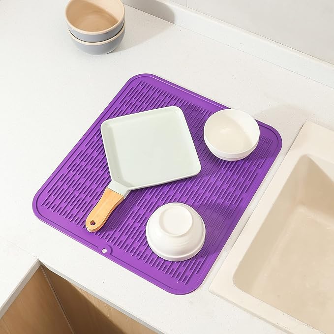 Silicone Dish Drying Mat for Multiple Usage,Easy clean,Eco-friendly,Heat-resistant Silicone Mat for Kitchen Counter or Sink,Refrigerator or Drawer Liner Purple 2XL 24 inches x 18 inches