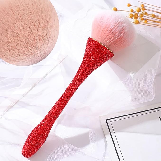 WOKOTO 1pcs Red Rhinestone Nail Dust Brushes For Acrylic Nails Powder Remover Brushes Loose Face Cosmetics Blending Liquid Foundation Powder Make Up Brushes Nail Trimming Cleaning Tools