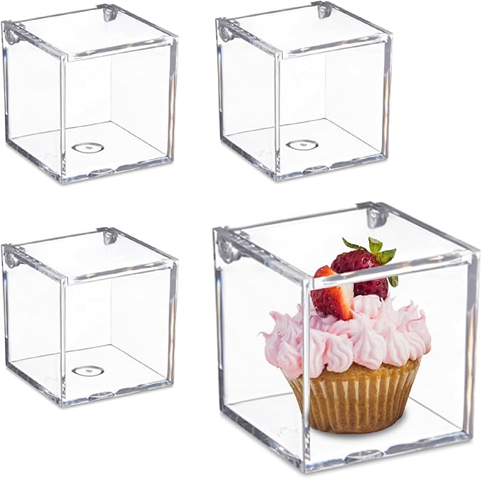 Hammont Clear Acrylic Box with Hinged Lid – Small Plastic Organizer for Office, Desk, Makeup, Crafts, Cotton Balls, Jewelry & More | 3"x3"x3" (4 Pack)