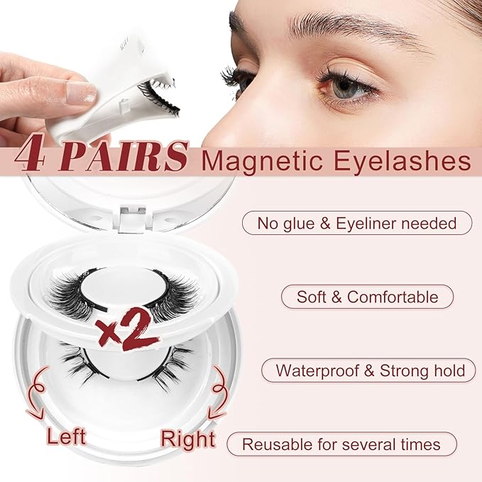 Higu clace Magnetic Eyelashes 4Pairs Magnetic Eyelashes with Applicator Soft Magnetic Lashes Natural Look Wispy Magnet Lashes Without Eyeliner Easy to Wear and Remove(DJCX-E02）