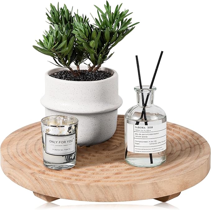 Round Decorative Tray Farmhouse Bathroom Decor Wood Riser Kitchen Countertop Organizer for Perfume, Candle, Plant, 11 inch Burlywood