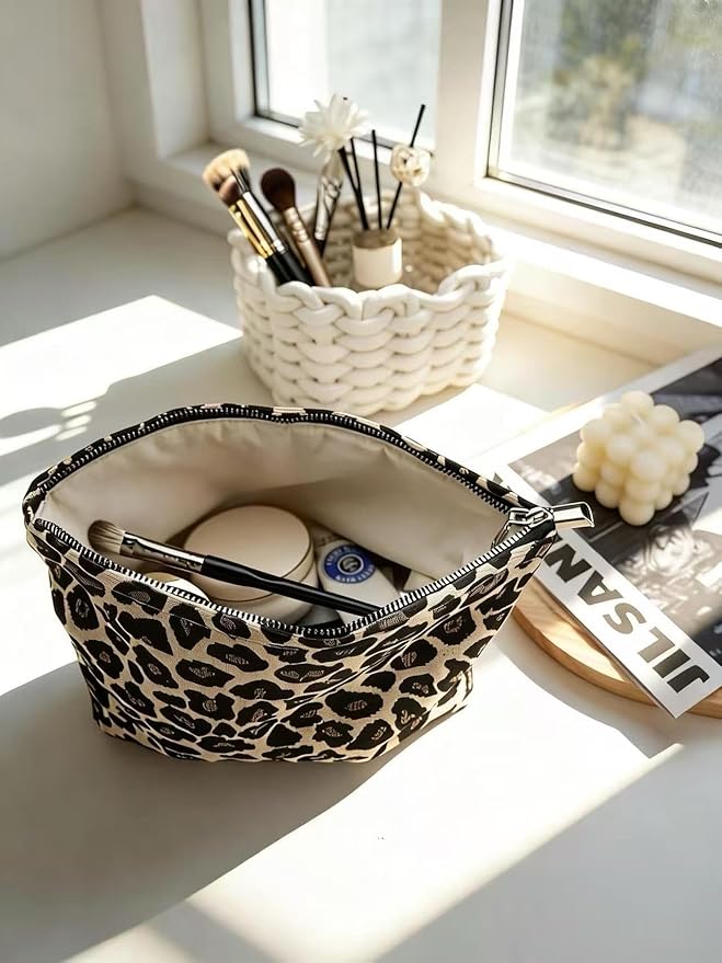 Brown Leopard Canvas Makeup Bag Organizer for Women & Girls - Large Capacity Travel Toiletry Pouch | Purse Organizer Cosmetic Zipper Bag