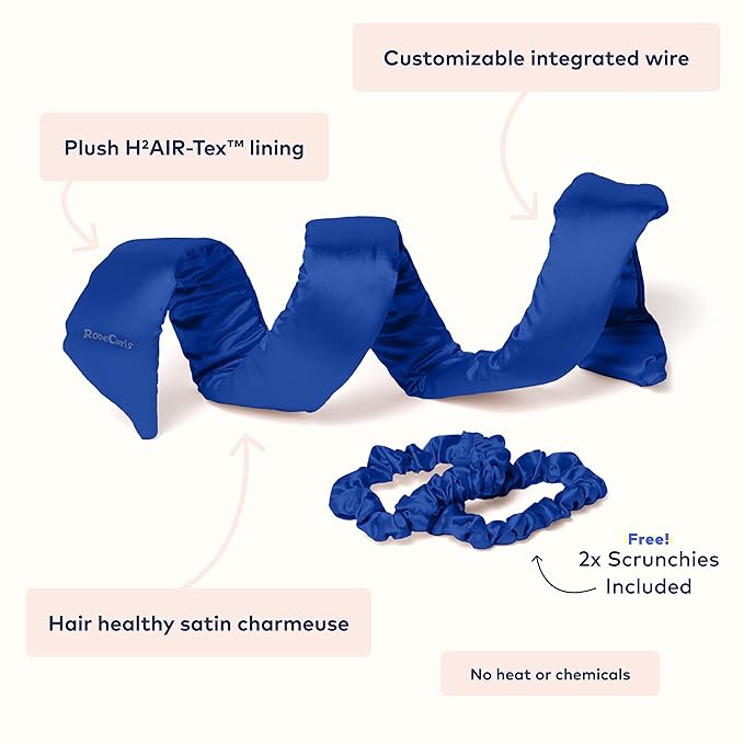 RobeCurls Original Heatless Hair Curler Set with 2 Scrunchies - Patented Satin Curling Headband with Wire Hold for Heatless Curls Overnight - Gentle Hair Curlers to Sleep In for Women & Kids, Cobalt