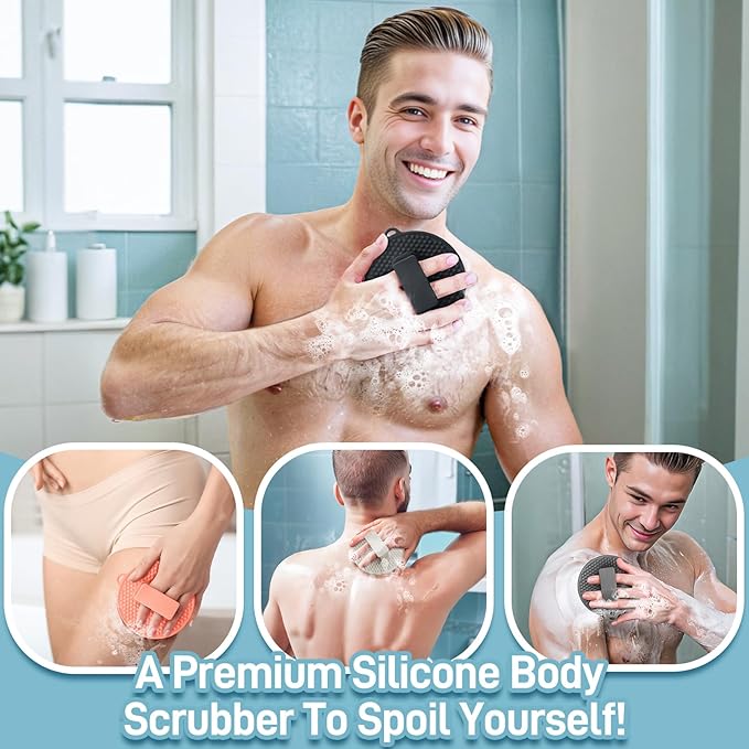 Silicone Body Scrubber for Shower, Silicone Loofah Body Buffer with Dense Bristles and Comfort Handle, Exfoliating Body Scrubber Shower Scrubber for Good-Lathering & Deep Cleansing(LGray)