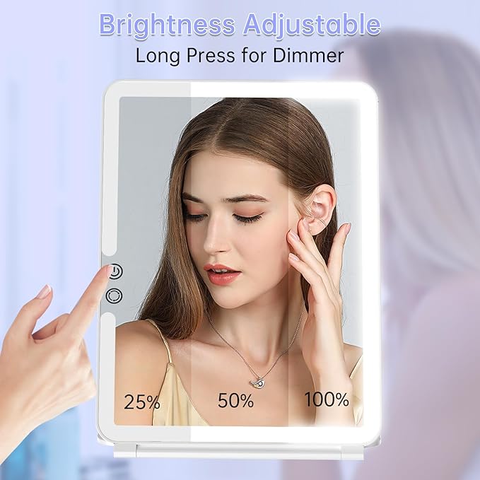 FUNTOUCH Rechargeable Large Travel Makeup Mirror with Lights, 1800mAh 10x7.5 Portable Lighted Makeup Mirror with 3 Color Lights, Dimming Folding Light Up Travel Mirrors with 10X Magnifying Mirror