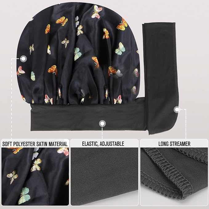 Arqumi Pack of 2 Satin Sleeping Bonnet, Large Satin Sleep Bonnet, Long Strap, Adjustable Sleep Cap Hair Bonnet, Butterfly Pattern Black+Yellow