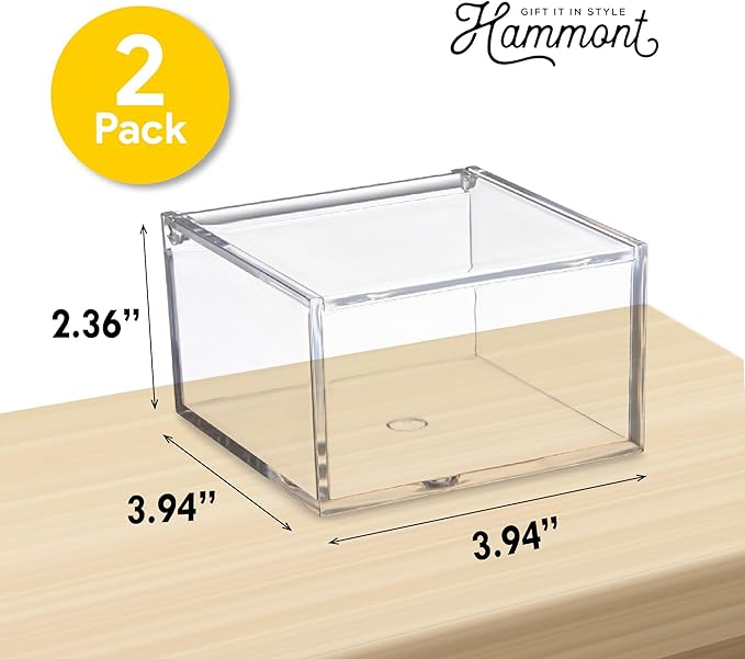 Hammont Clear Acrylic Box with Hinged Lid – Small Plastic Organizer for Office, Desk, Makeup, Crafts, Cotton Balls, Jewelry & More | 4"x4"x2.5" (2 Pack)